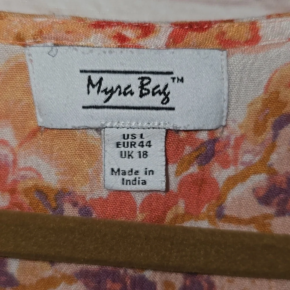 Myra Bag V-Neck A-Line Orange Purple Floral Elastic Waist Dress Womens Size L - Picture 2 of 16